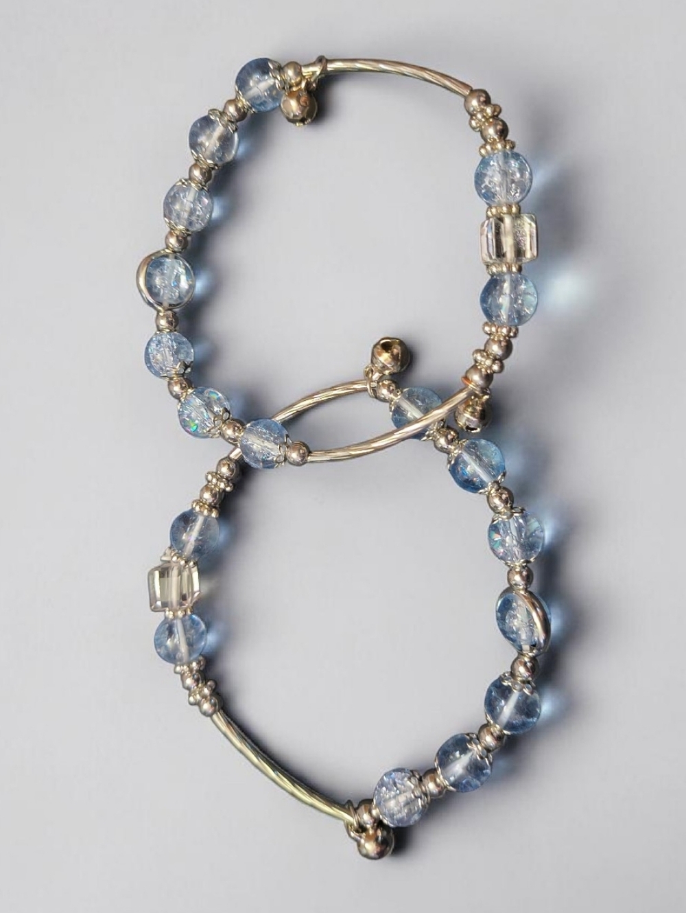 Silver Tone & Blue Beaded Bracelet Set w/ Bell Charms Stretch OS